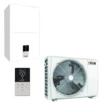Omkeerbare lucht-water warmtepomp Ferroli OMNIA S 3.2 10 R-32 met bediening, inverter - witte unit met bedieningspaneel.