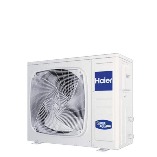 Efficiënte monofase Haier SUPER ACQUA AU052FYCRA R-32 lucht-water warmtepomp inverter met bedieningseenheid.