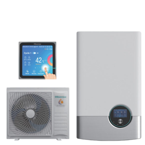 Hisense Hi-Terma 10 kW lucht/water warmtepomp, gesplitste mono-ventilator, Driefase R-32, optioneel met Wi-Fi bediening.