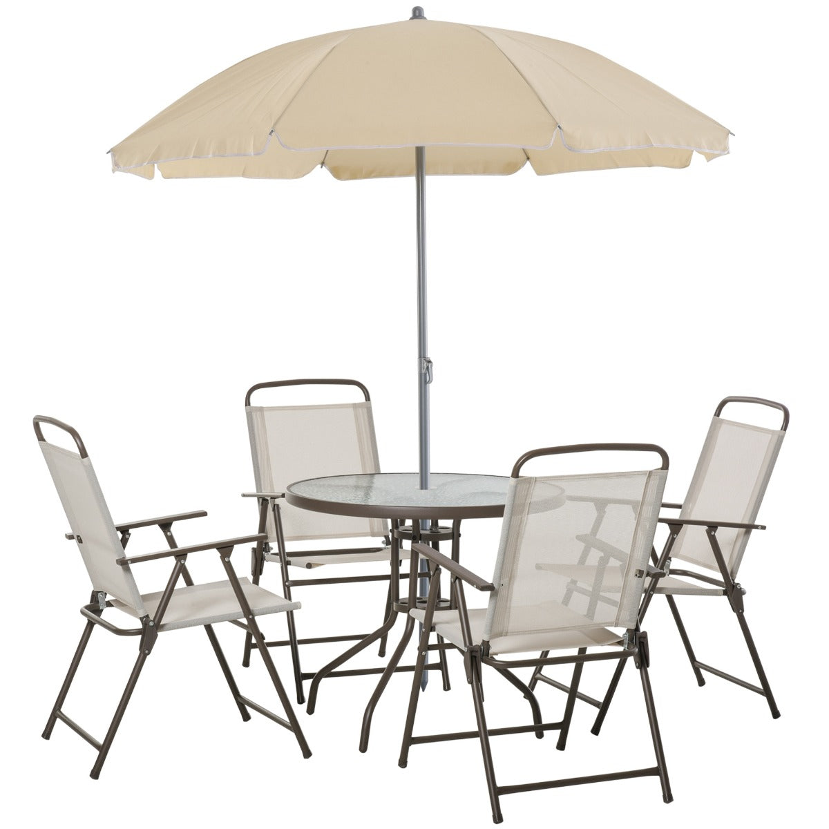 Easycomfort 6-delige set tuinmeubelen in stalen buizen, tuintafel met stoel en parasol, crème