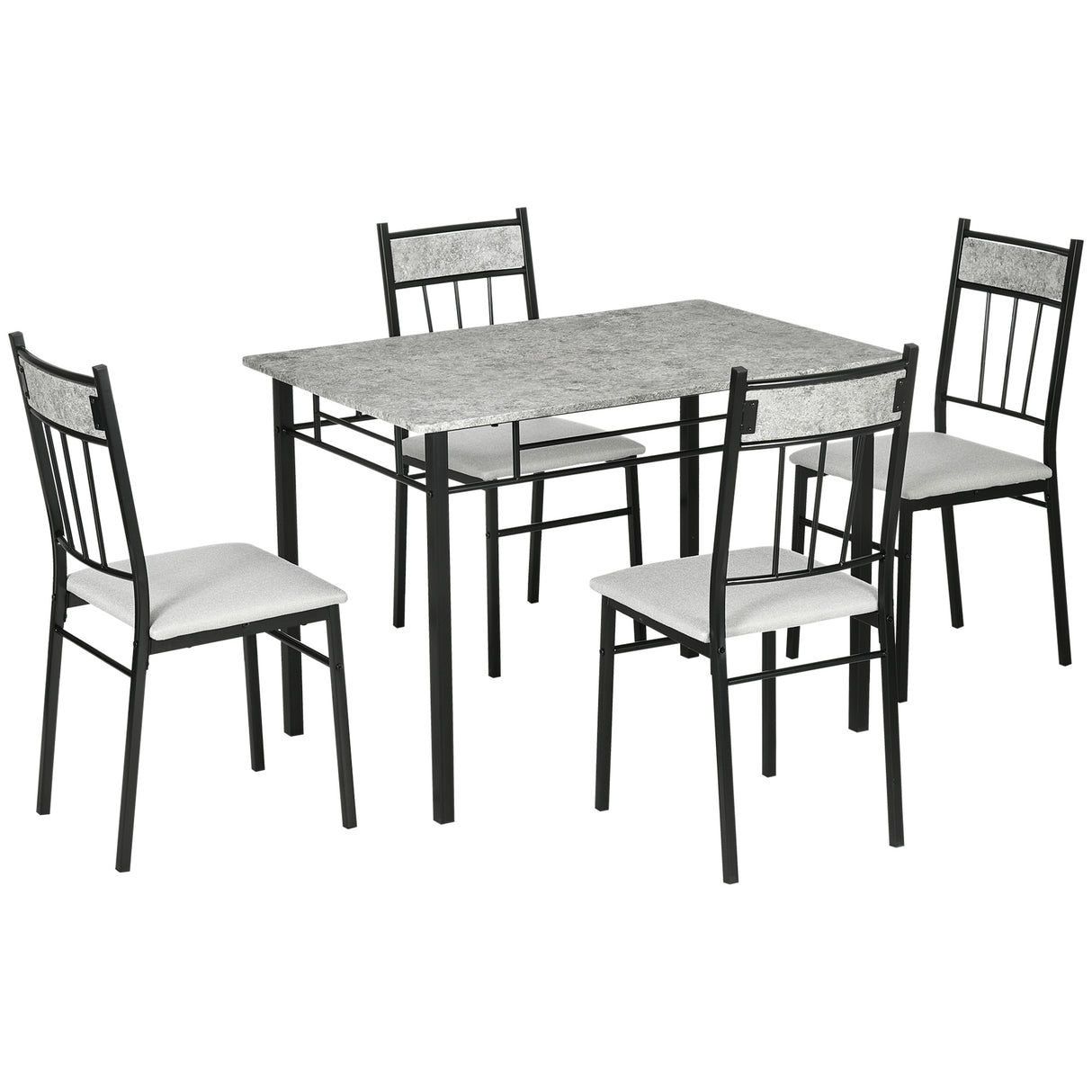 Easycomfort Set tafel en stoel 5 stuks, rechthoekige eettafel van metaal en MDF en 4 grijze en zwarte eetkamerstoelen