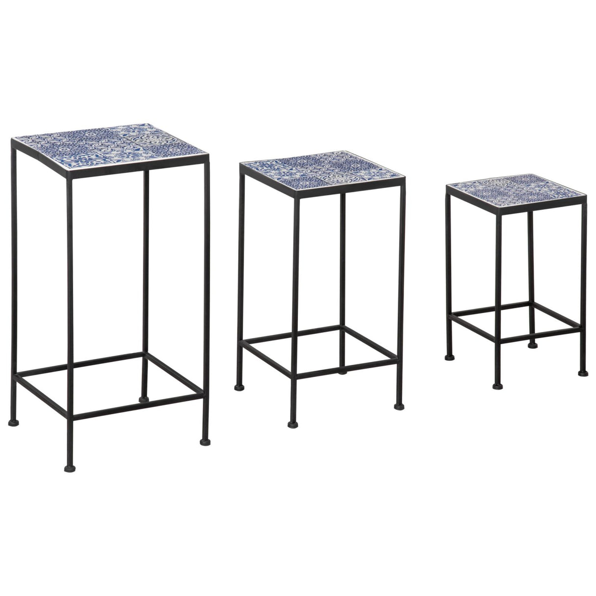 EASYCOMFORT Metalen plantenhouder met keramische tegels, 3 stuks voor tuin en balkon, blauw en zwart
