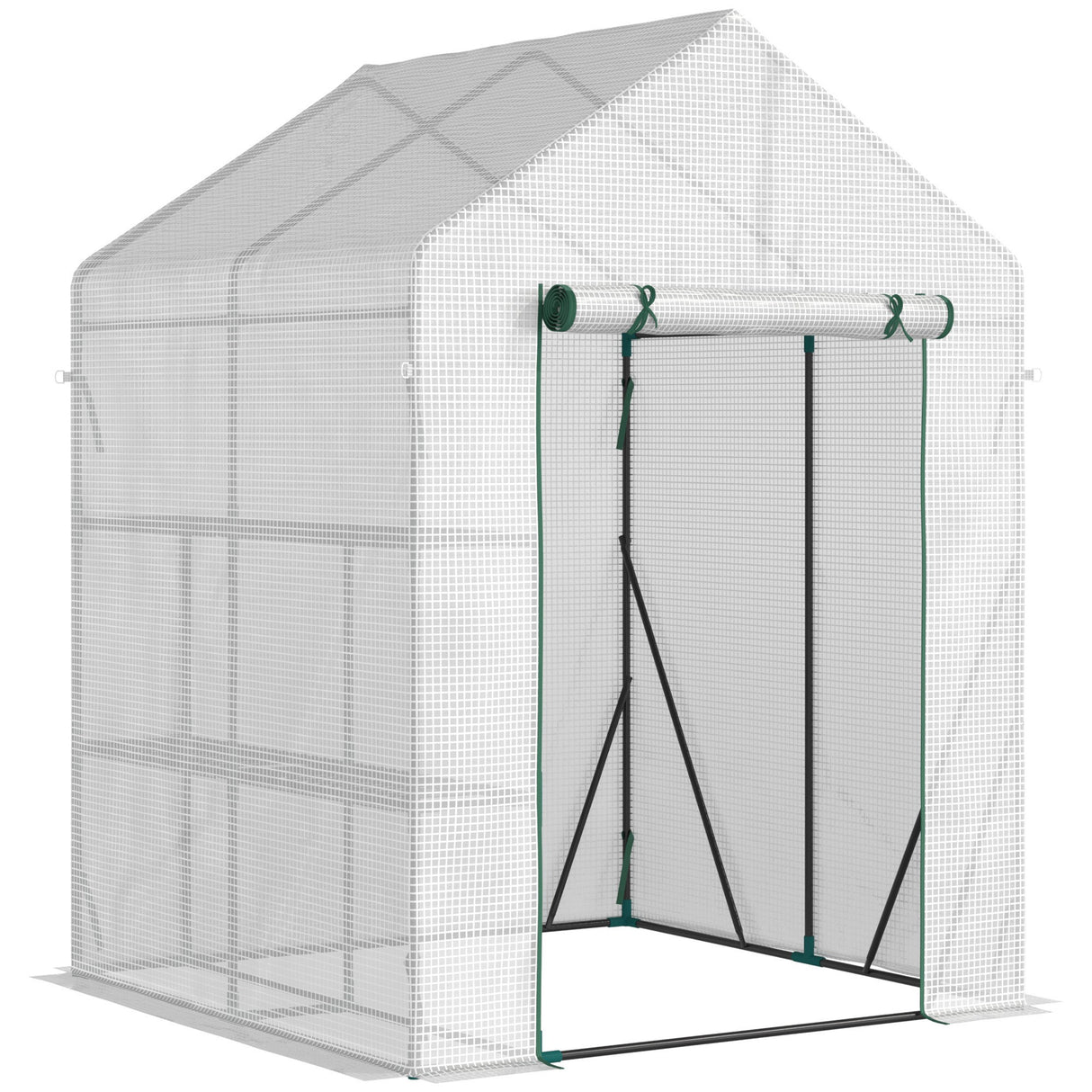 EASYCOMFORT Buitenkas van staal en PE met 2 planken en roldeur, 143x143x195 cm, wit