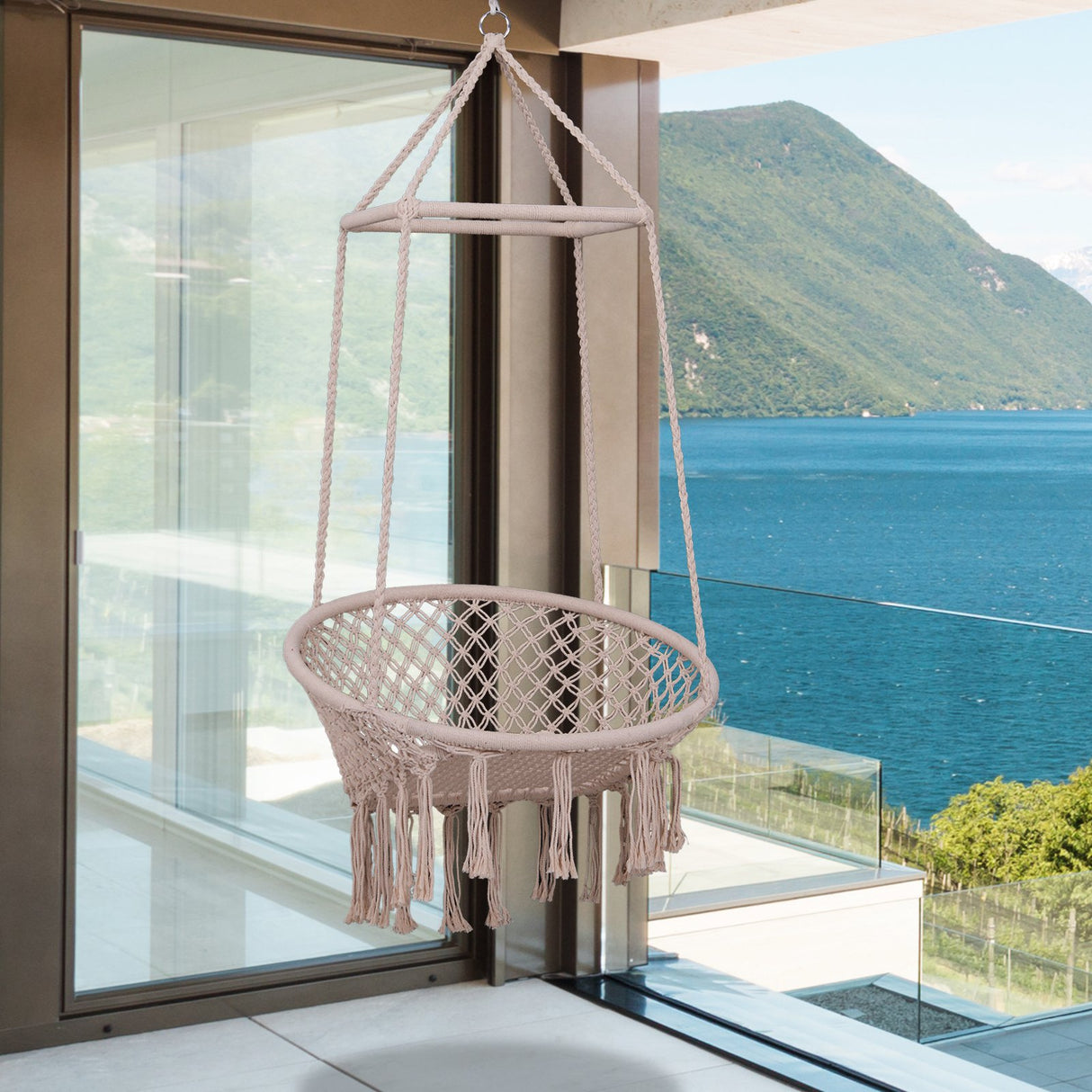 EASYCOMFORT Hangmat Schommelstoel van Hout en Katoenen Touw, Beige, 80 x 140 cm