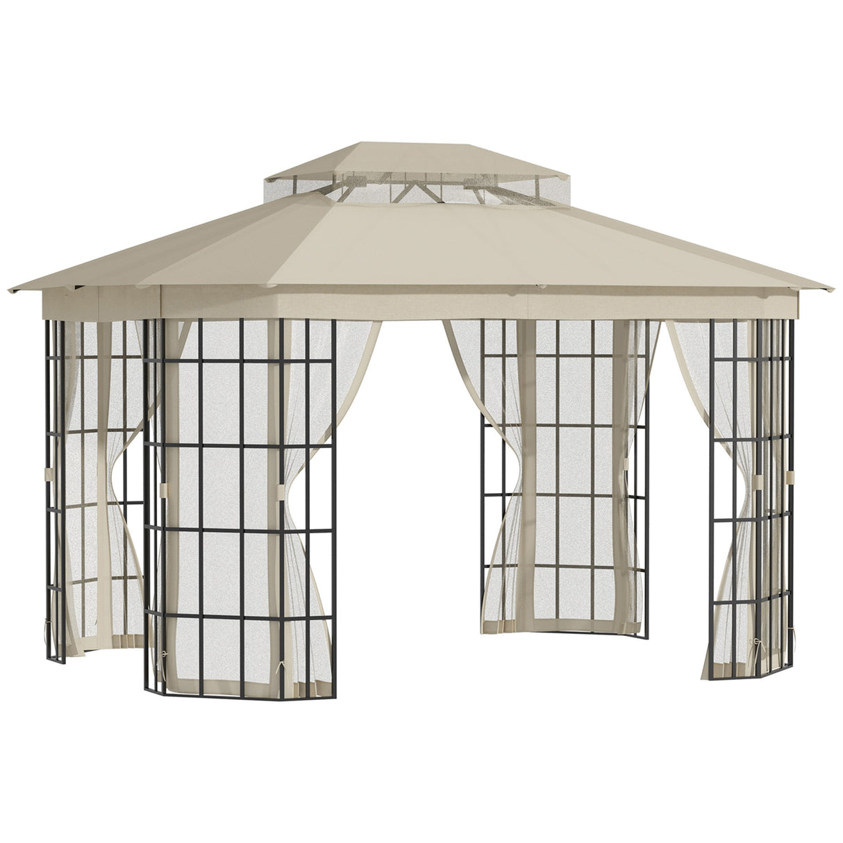 EASYCOMFORT Tuinprieel met klamboe, 2-laags dak en metalen constructie, 3,7 x 3 m, beige
