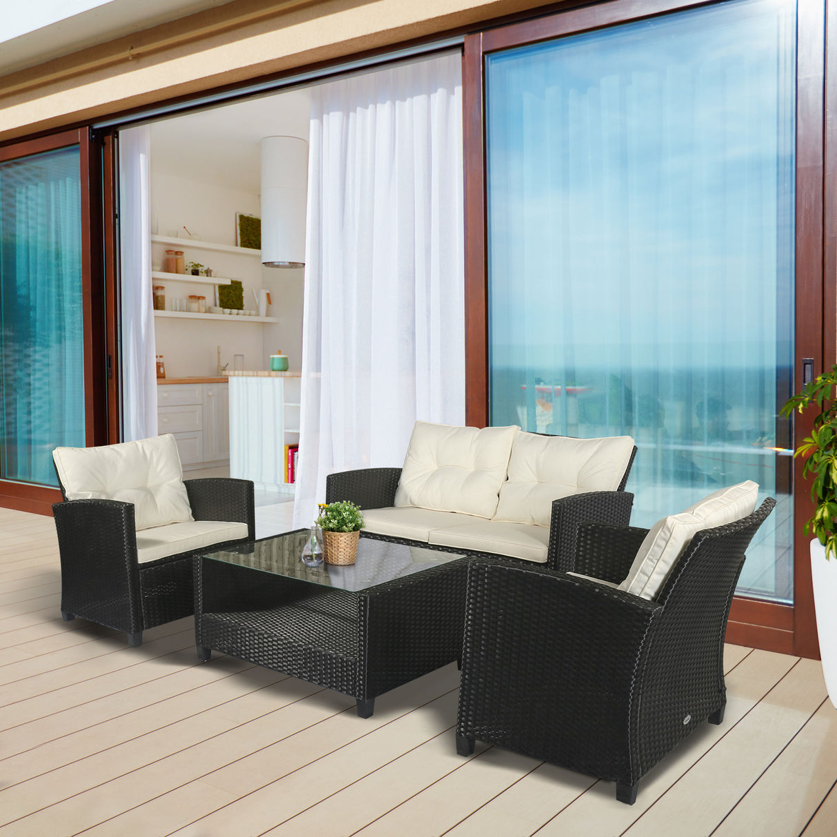 Easycomfort Set Tuinmeubelen 4-delig in PE Rotan en Tafel, Bank en Stoel Zwart en Beige 124x68x76cm