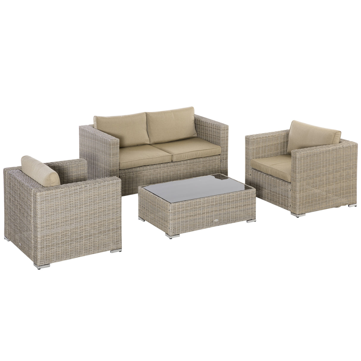 EASYCOMFORT 4-delige tuinmeubelset van PE-rotan, buitenlounge met 1 bank, 2 fauteuils, 1 salontafel en af mobiele en wasbare kussens, kaki en beige