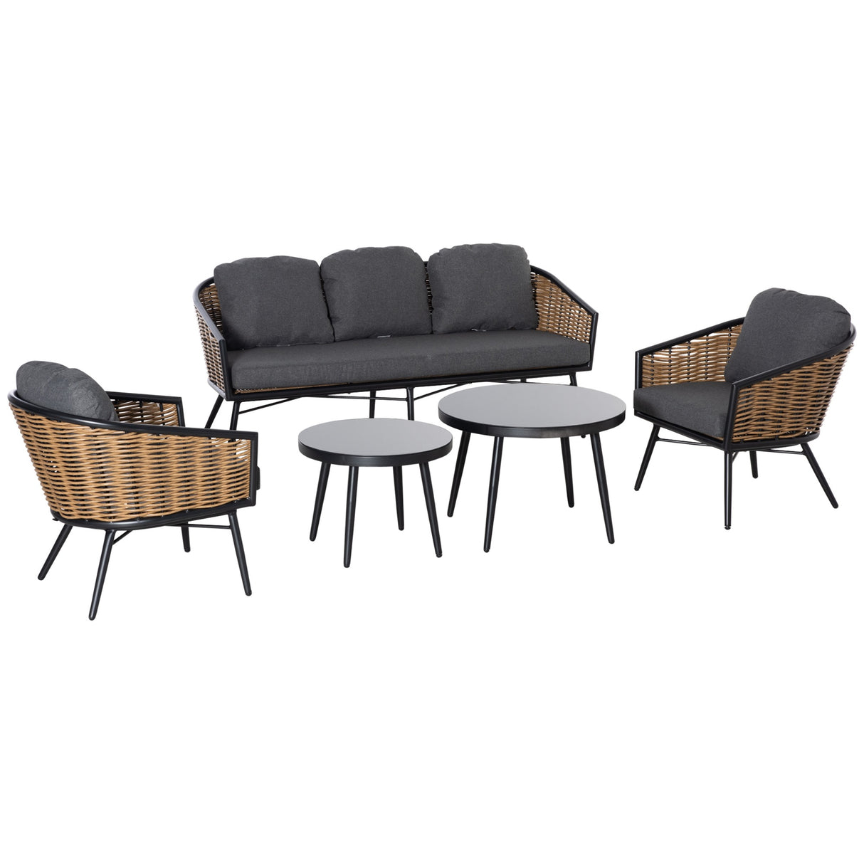 EASYCOMFORT 5-delige rotan tuinmeubelset, buitenlounge met 2 salontafels, 3-zitsbank en 2 fauteuils met kussens