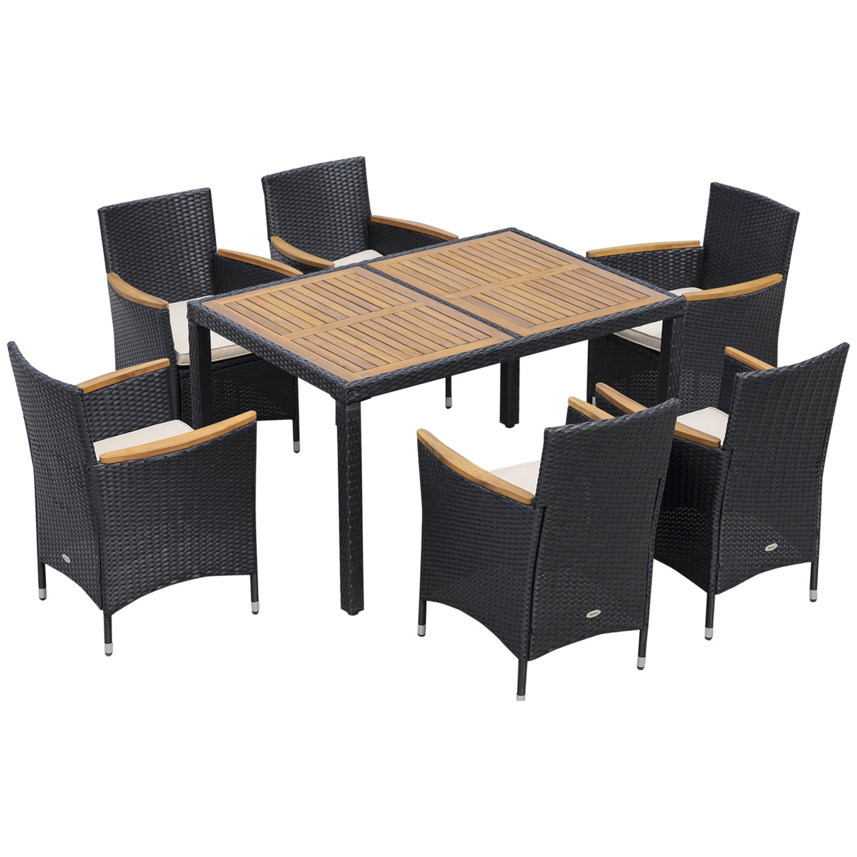 Easycomfort Set Tafel en Tuinstoel 7-delig in PE Rotan en Hout met Zachte Kussens, Zwart