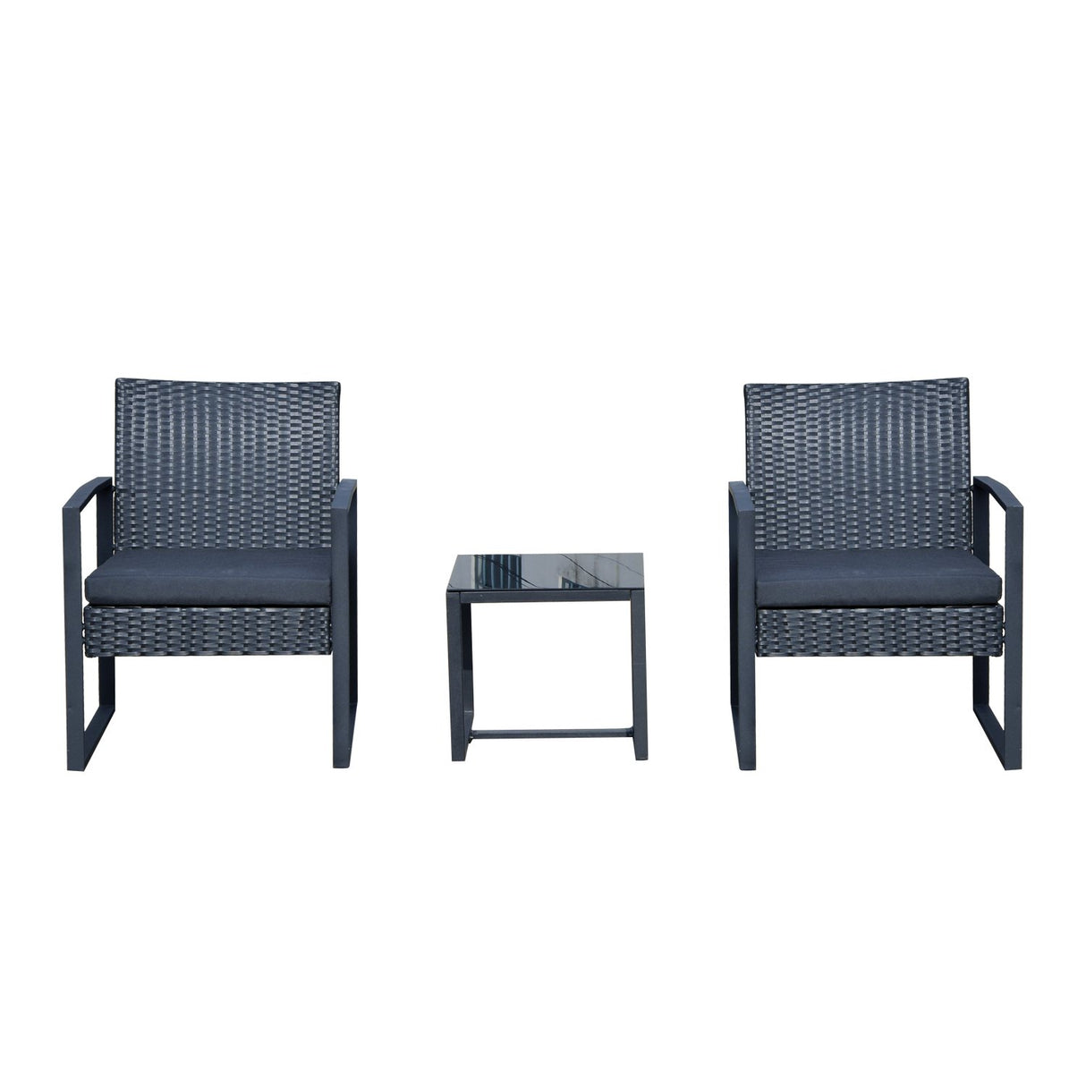 EASYCOMFORT Outdoor Rotan Meubelset Salontafel met 2 Stoelen met Kussens, Zwart