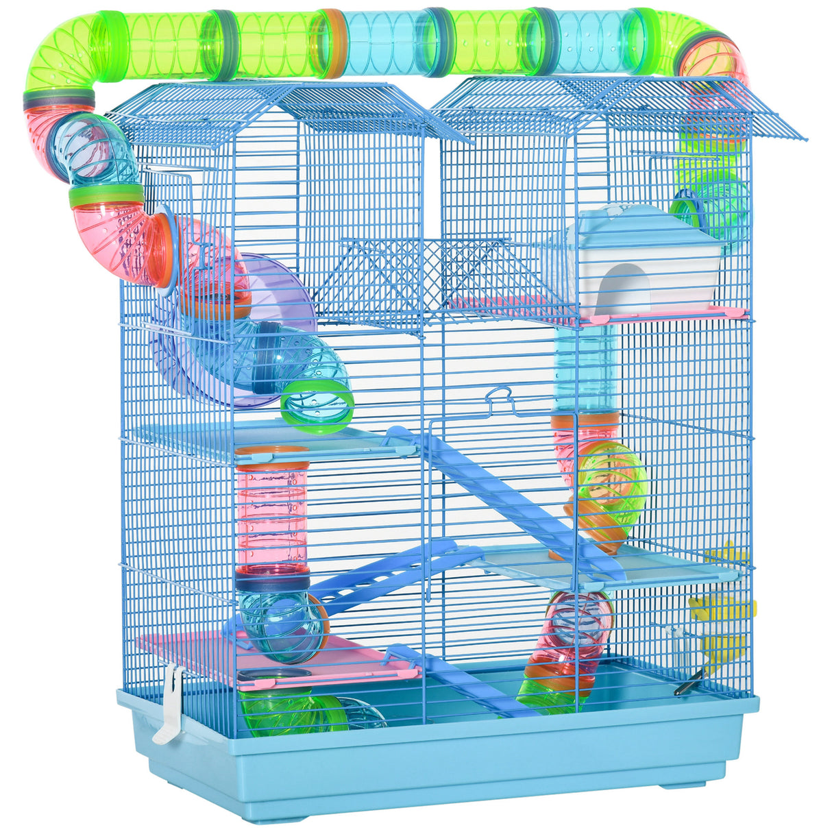 EASYCOMFORT kooi met 5 verdiepingen voor hamsters en knaagdieren met elektrische buizen, loopwiel, huis en accessoires inbegrepen, blauw, 47x30x59cm
