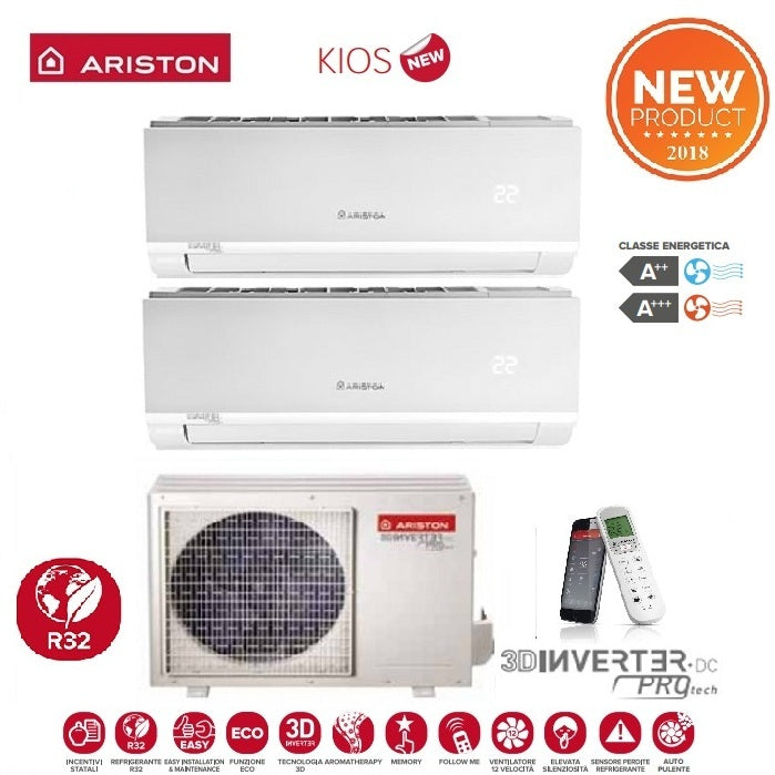 ARISTON DUAL SPLIT INVERTER AIRCONDITIONER KIOS 9+12 serie met DUAL 50 XD0-O R-32 Wi-Fi OPTIONEEL 9000+12000 btu