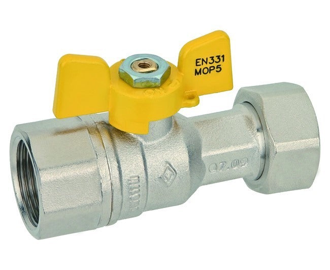 Rechte gasstop Bugatti ronde met draaimoer kogelkraan volledige doorgang gele vlinder in aluminium 3/4&#39&#39 x 3/4&#39&#39 Cod B4613/4