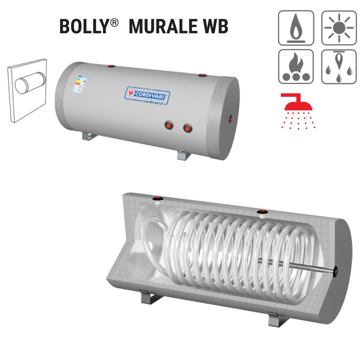 Polywarm Cordivari Ketel Model BOLLY MURALE WB 200 Voor Warmwaterproductie Met 1 Vaste Wisselaar