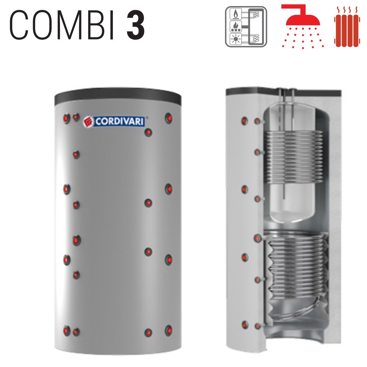 Warmteaccumulator voor verwarmingswater Cordivari Model COMBI 3 WB 500 met warmwaterboiler in Polywarm en 2 vaste warmtewisselaars