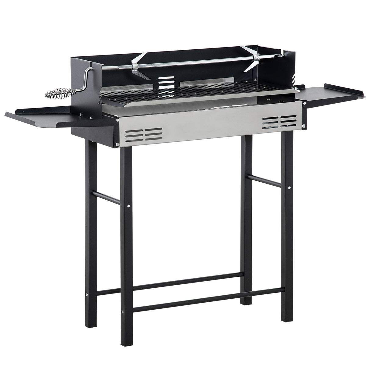 EASYCOMFORT Houtskoolbarbecue met grill, draaispit en opvouwbare planken, 118x32x90cm