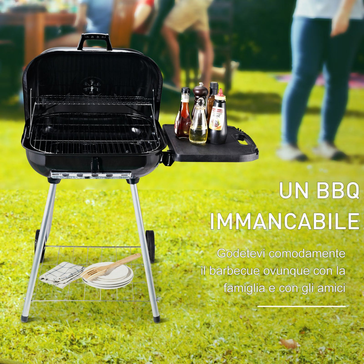 EASYCOMFORT BBQ Houtskoolbarbecue met 2 opvouwbare hanen, zijplank, 2 wielen en metalen deksel, 89 x 60 x 83 cm, zwart