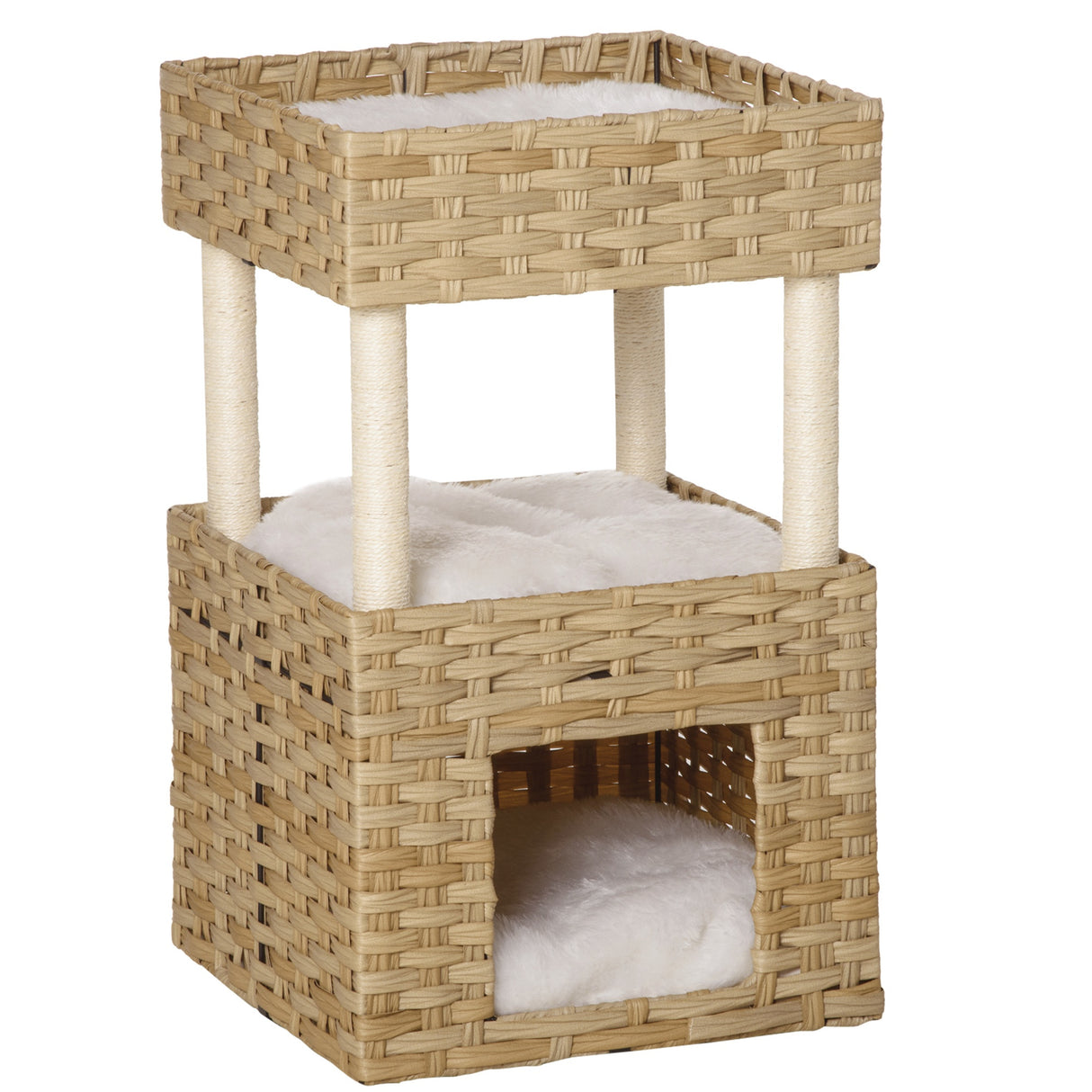 Easycomfort kattenkast met 3 niveaus in PE-rotan met wasbare hoeden in Peluche, 40x40x70cm