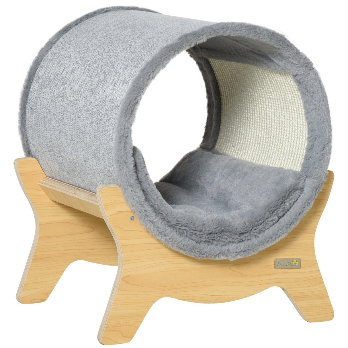 EASYCOMFORT Kattenkennel met krabpaal en gevoerd kussen, Tunnelkattenhuis 41x40x47cm, Grijs