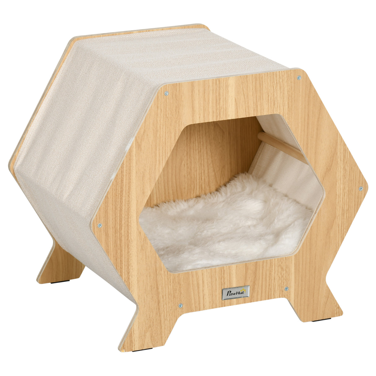 EASYCOMFORT Kattenhok van hout en stof met wasbaar pluchen kussen, 49,5 x 38,5 x 43,5 cm