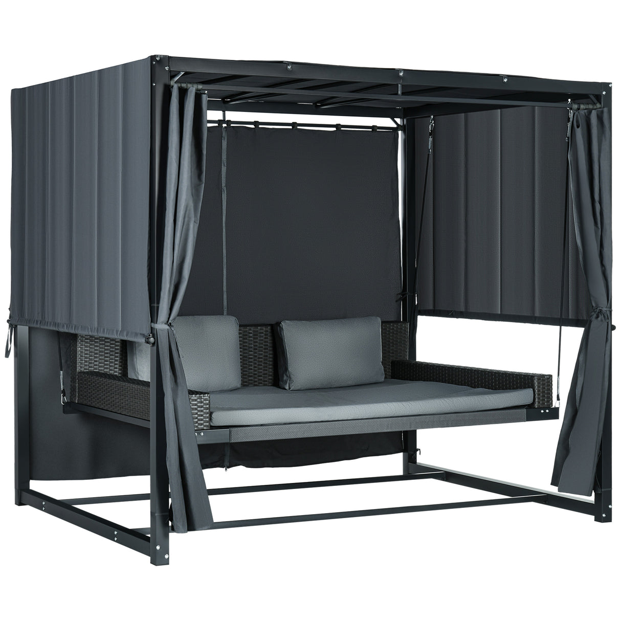 EASYCOMFORT Schommelbed en Pergola 3-in-1 met verstelbaar dak en gordijnen, staal en PE-rotan, 235x150x210cm, donkergrijs