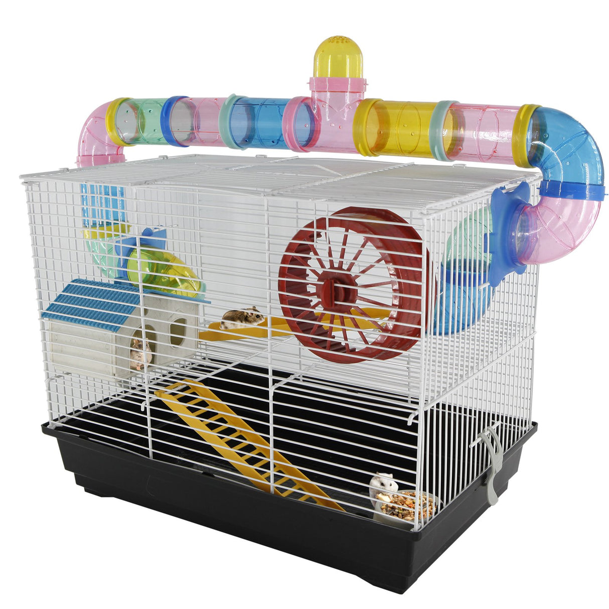 EASYCOMFORT Hamsterkooi met drie verdiepingen, buizen en accessoires, van metaal en kunststof