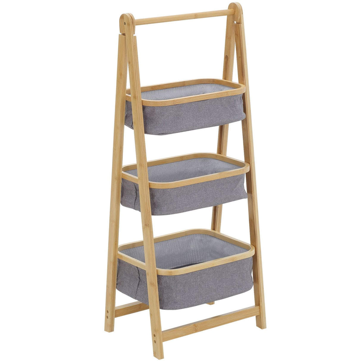 Easycomfort Mobiele Platte Badkamer met 3 Cassettes in Bamboe en Grijze Polyesterstof, 45x31,5x108cm