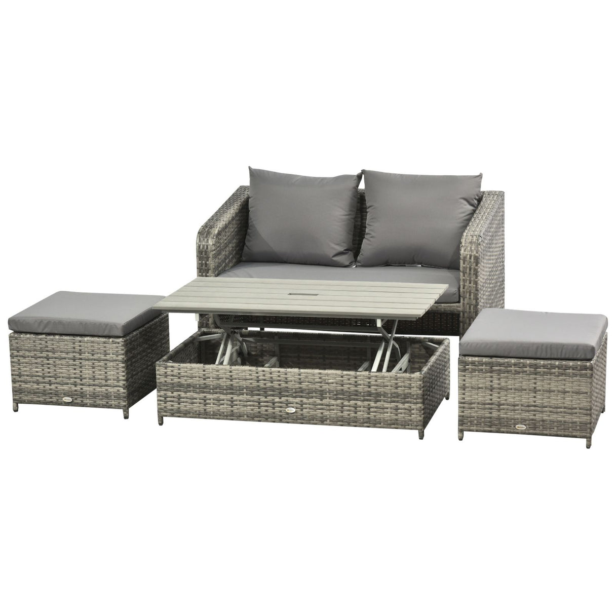 EASYCOMFORT Tuinmeubelen in PE Rattan Buitenloungeset 4-delig met Bank, Verstelbare Salontafel en Poef, Grijs