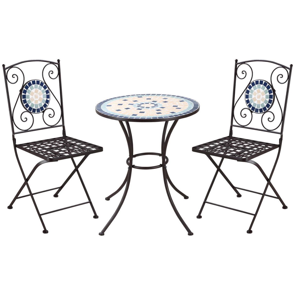 EASYCOMFORT Tuinmeubelset 3-delig met 2 klapstoelen en 1 ronde salontafel, van metaal en keramiek