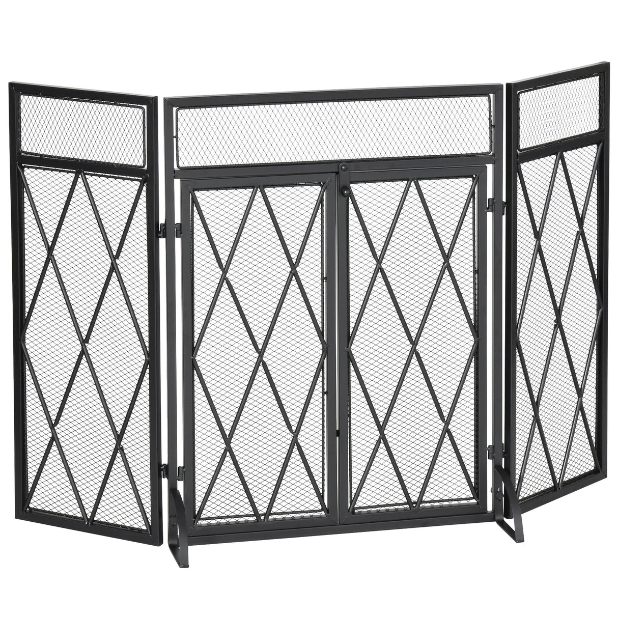 EASYCOMFORT Metalen haardscherm met 3 opvouwbare panelen en 2 deuren, 120x11,5x79cm - Zwart