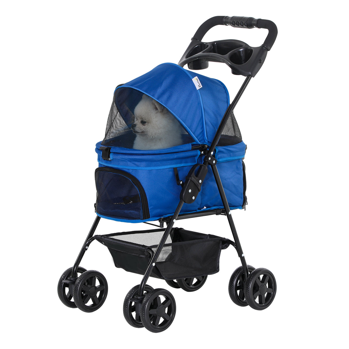 EASYCOMFORT Opvouwbare hondenbuggy met veiligheidsriem en opbergmand, blauw