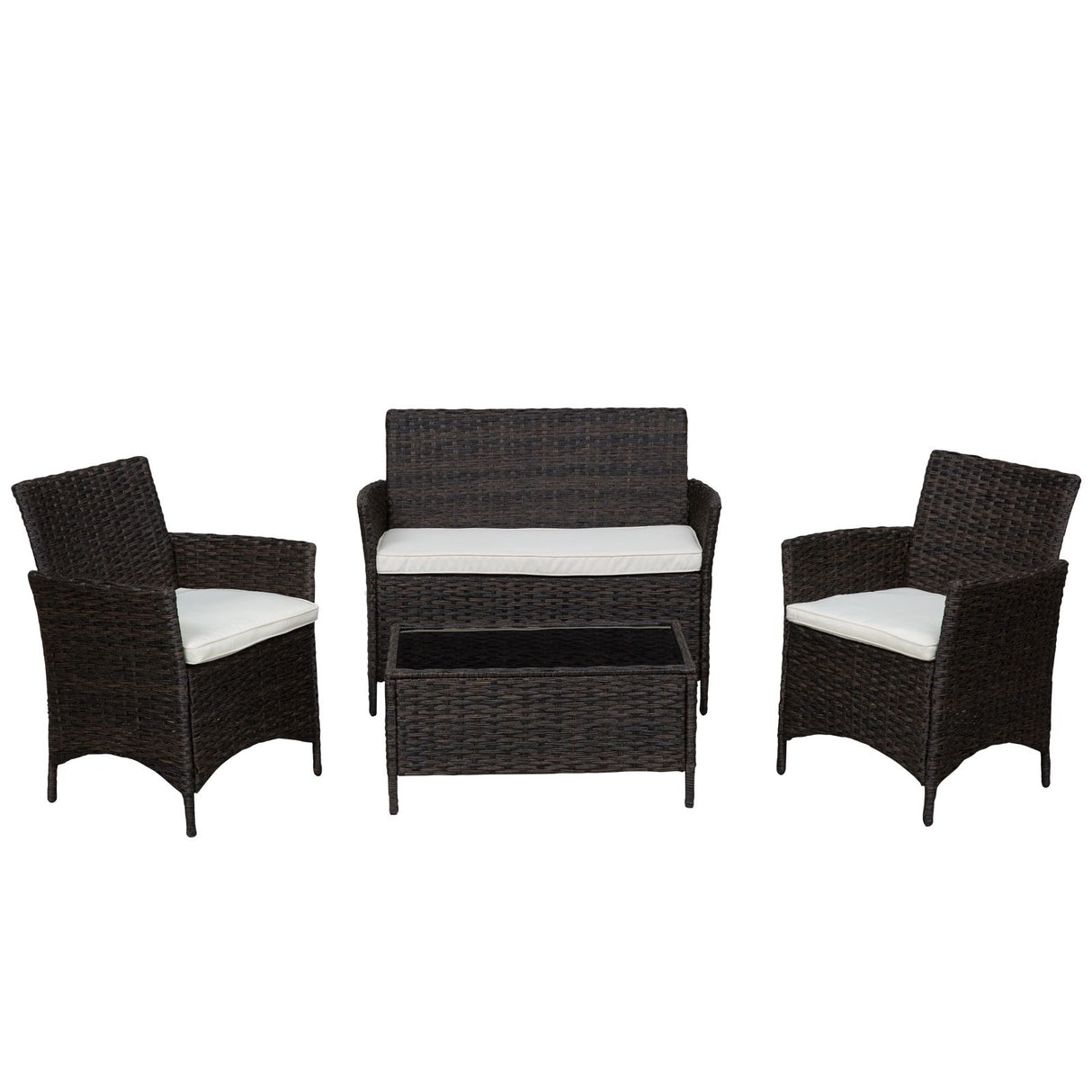 EASYCOMFORT Buitentuin loungeset van 4 stuks: 1 bank/2 fauteuils/1 salontafel, rotan tuinset, donkerbruin en wit