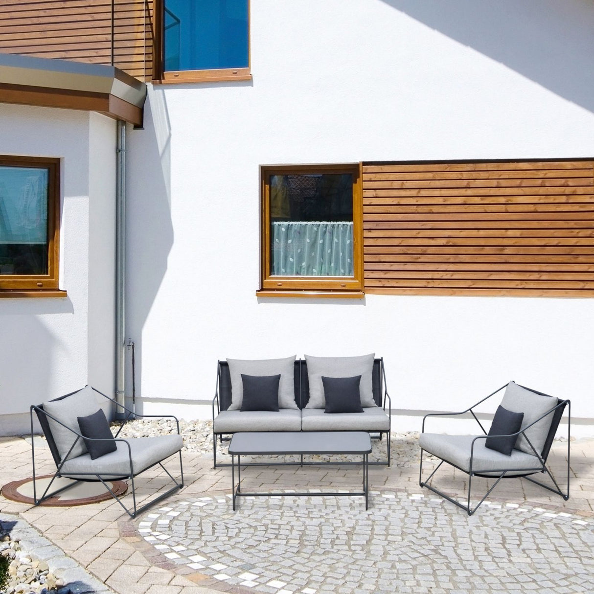 EASYCOMFORT Tuinlounge, buitenbank en fauteuilset met grijze en zwarte salontafel