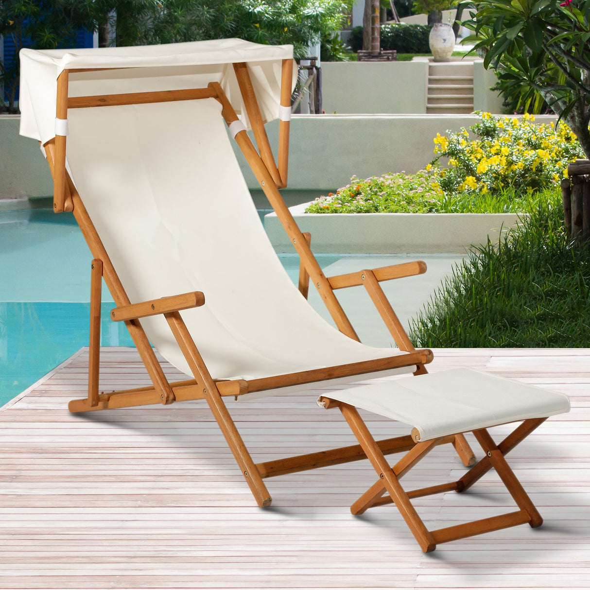 EASYCOMFORT Houten tuinligstoel met voetenbank en luifel, set van 2 crèmewitte stukken