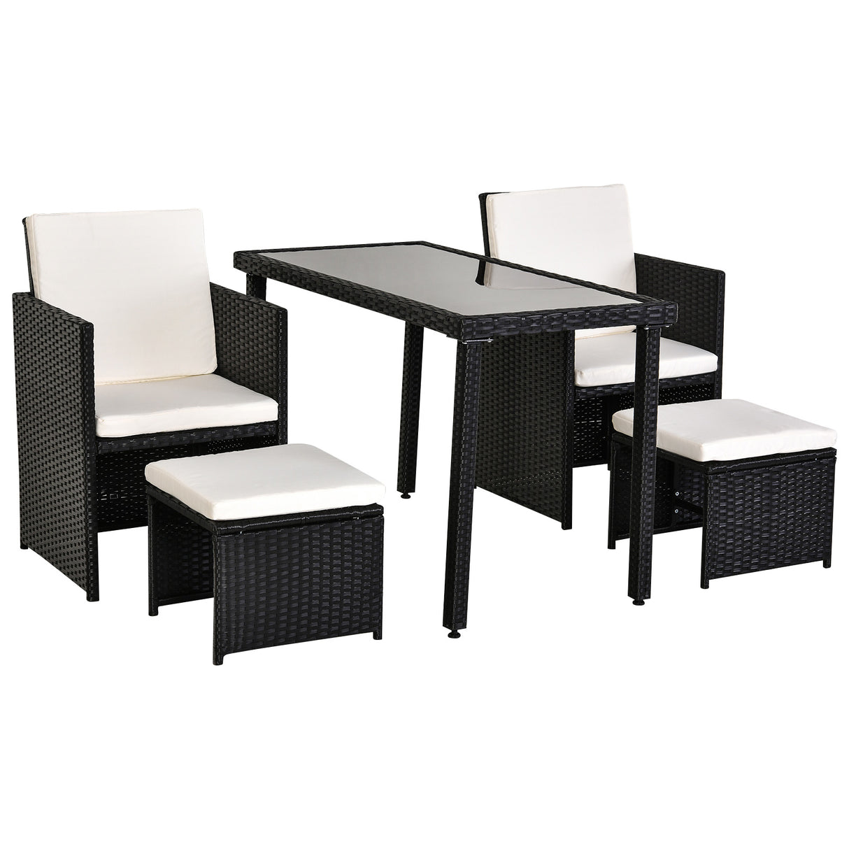 EASYCOMFORT Rotan Tuinmeubelset 5-delig Tafel 2 Stoelen 2 Voetenbankjes met Combineerbare Rechthoekige Kussens