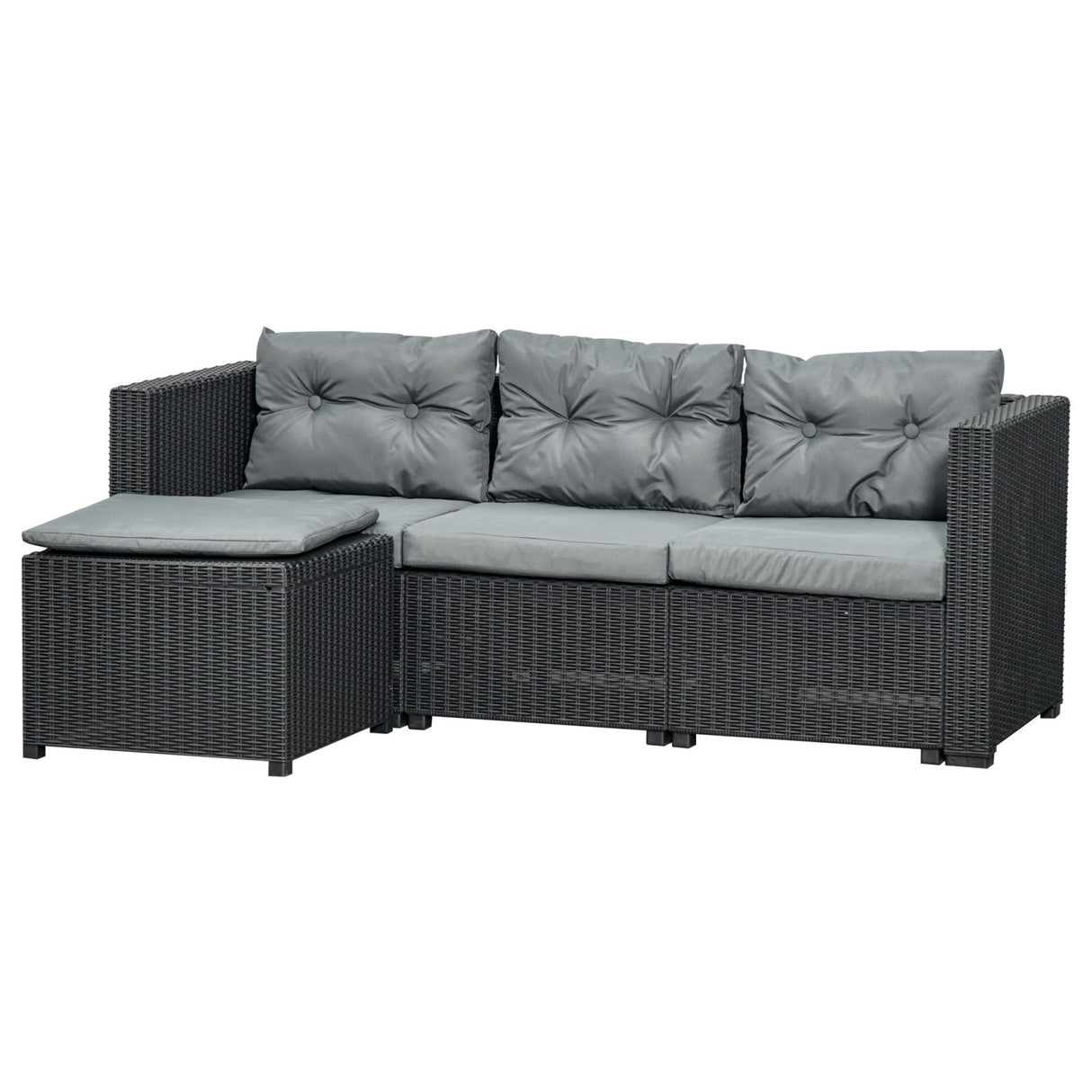 EASYCOMFORT Tuinmeubelset in PE-rotan, 3-zitsbank en voetenbank/salontafel, afneembare kussens, zwartgrijs