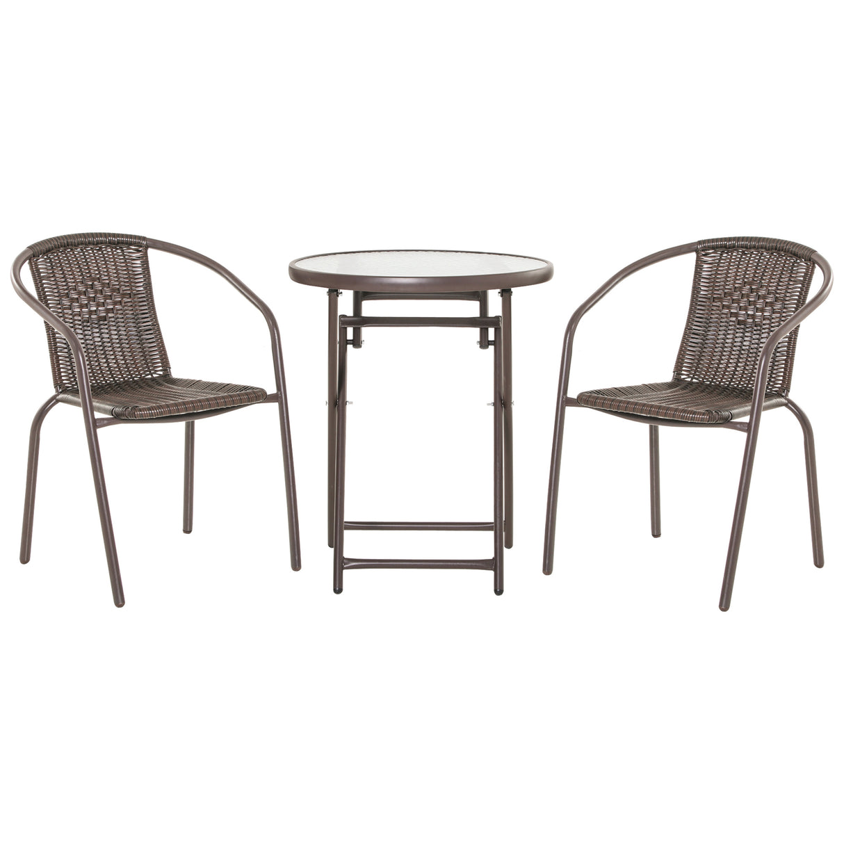 EASYCOMFORT Set van opvouwbare tafel en 2 tuinstoelen in staal en bruin PE-rotan