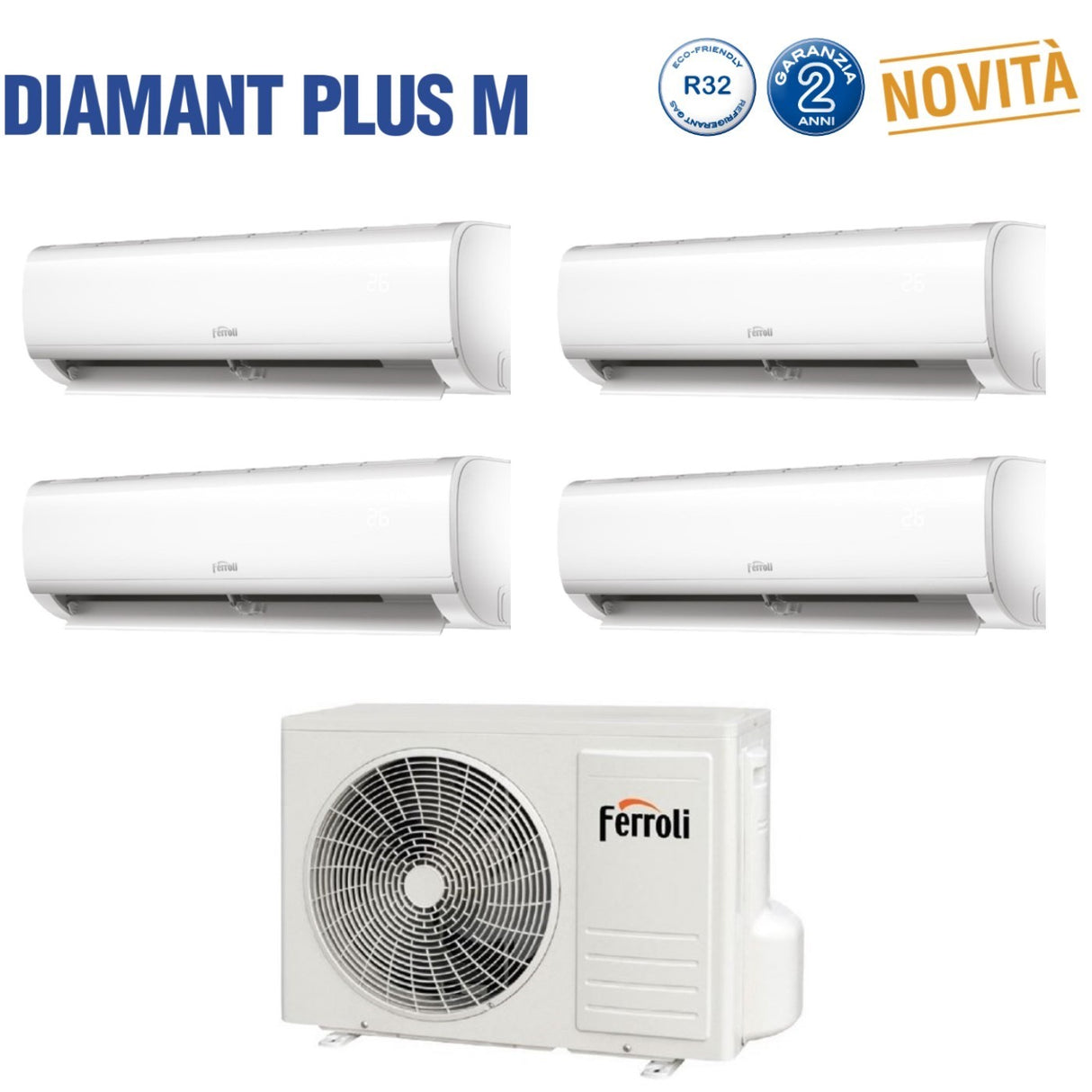 Ferroli Quadri Split Inverter Airconditioner DIAMANT PLUS Serie M 9+9+9+9+9 met 28-4 R-32 Geïntegreerde Wi-Fi 9000+9000+9000 - Nieuw