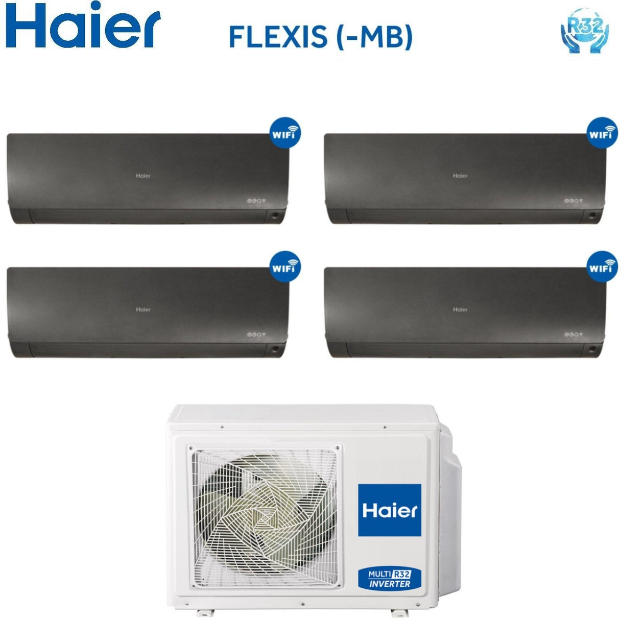 HAIER Split Inverter Airconditioner FLEXIS Black-serie (zwart) 7000+7000+7000+12000 btu met 4U75S2SR2FA geïntegreerde wifi R-32 Wi-Fi 7+7+7+12 - NIEUW