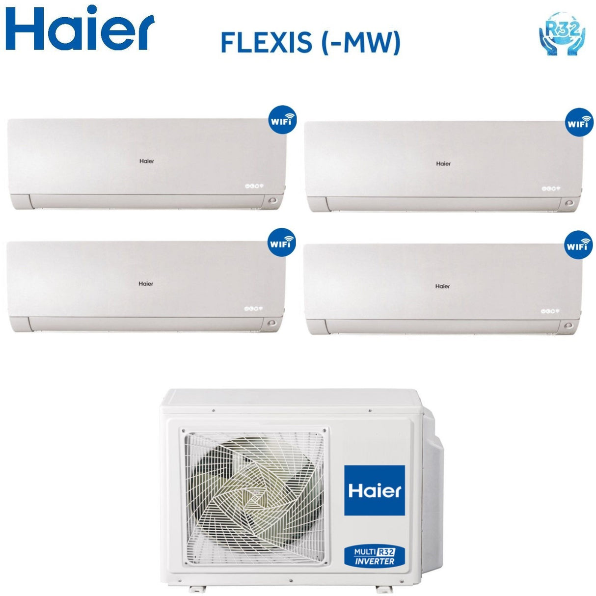 HAIER Split Inverter Airconditioner FLEXIS Witte serie 7000+9000+12000+12000 btu met 4U75S2SR2FA geïntegreerde wifi R-32 Wi-Fi 7+9+12+12 - Nieuw
