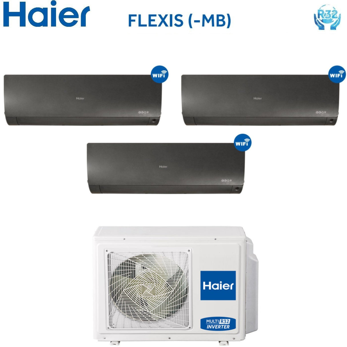 HAIER Trial Split Inverter Airconditioning FLEXIS Zwart/Zwart serie 7000+12000+12000 btu met 3U70S2SR2FA R-32 Wi-Fi 7+12+12 - NIEUW