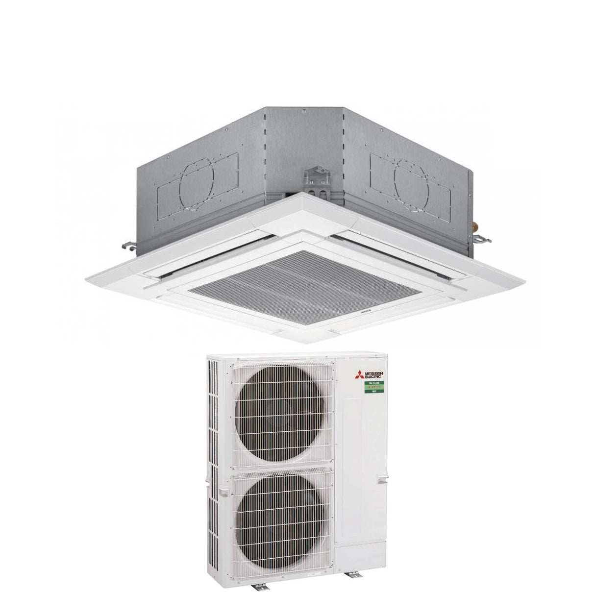 Mitsubishi Electric Airconditioner 90x90 4-weg omvormercassette 34000 Btu PLA-M100EA + PUZ-ZM100YKA Driefase R-32 Wi-Fi optioneel met rooster inbegrepen