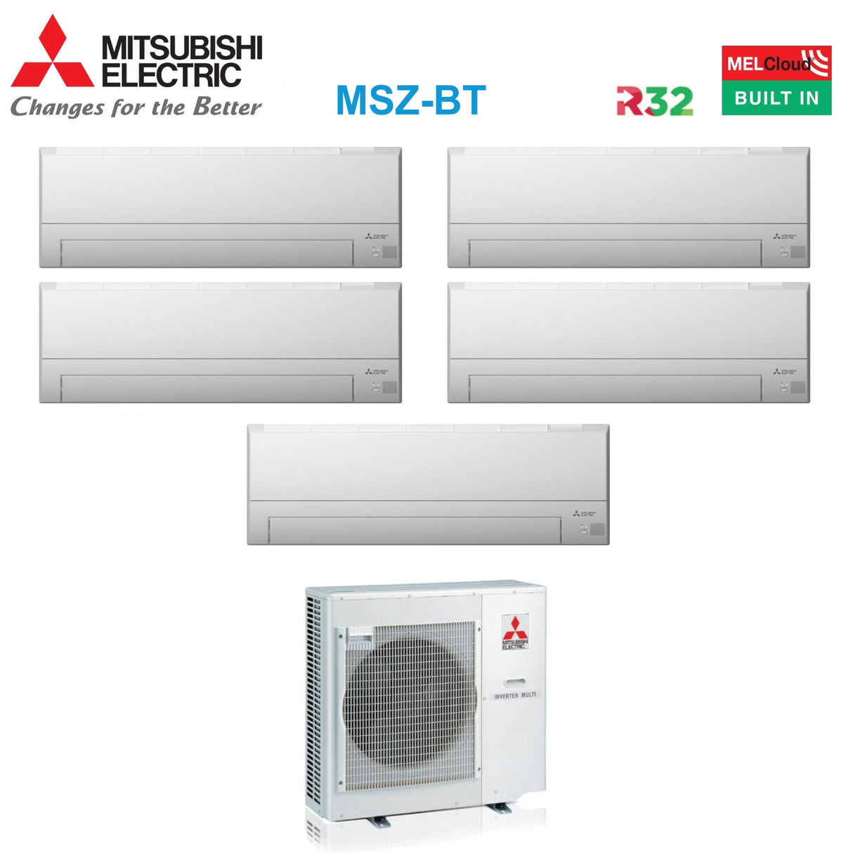 Mitsubishi Electric Penta Split Inverter Airconditioner BT-serie 7+7+7+12+12 met MXZ-5F102VF R-32 Wi-Fi Optioneel 7000+7000+12000+12000