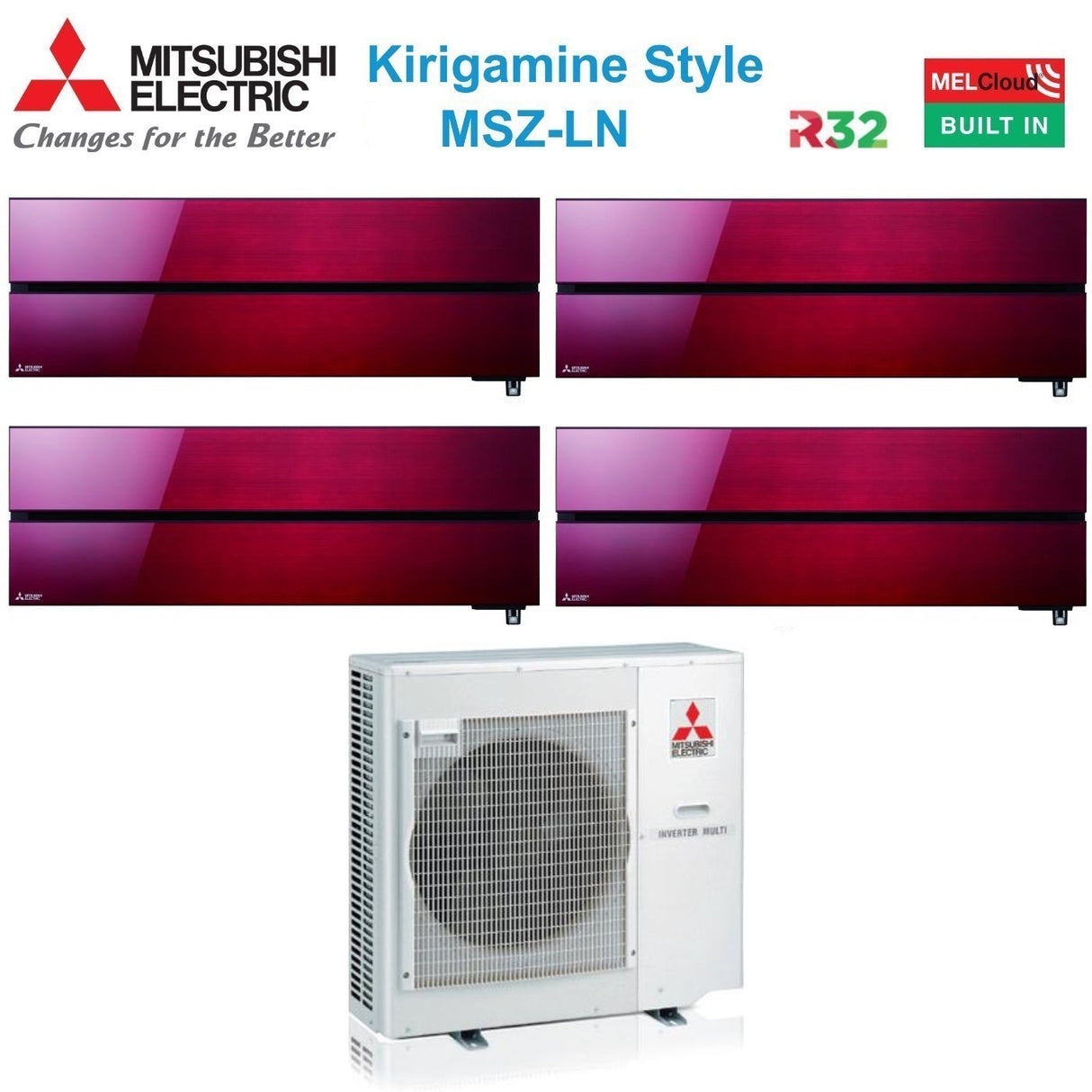 Mitsubishi Electric Airconditioner Split Inverter Panelen Kirigamine Stijl serie MSZ-LN 9+9+12+12 met MXZ-4F72VF Robijnrood R-32 Geïntegreerde Wi-Fi Rode Kleur 9000+9000+12000+12000