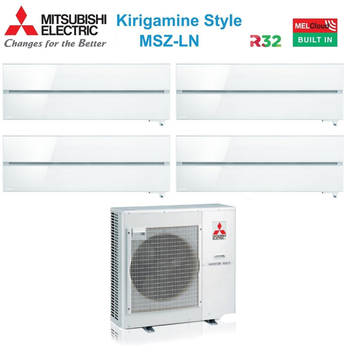 Mitsubishi Electric Airconditioner Split Inverter Panelen Kirigamine Stijl serie MSZ-LN 9+9+9+12 met MXZ-4F72VF Parelwit R-32 Geïntegreerde Wi-Fi Parelwit Kleur 9000+9000+12000