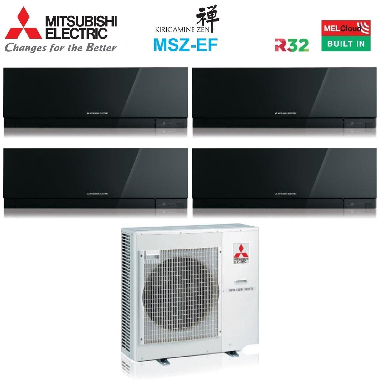 Airconditioner Mitsubishi Electric Quaders Split Inverter-serie KIRIGAMINE ZEN BLACK MSZ-EF 7+9+9+18 met MXZ-4F72VF R-32 Wi-Fi Geïntegreerd Kleur Zwart 7000+9000+18000
