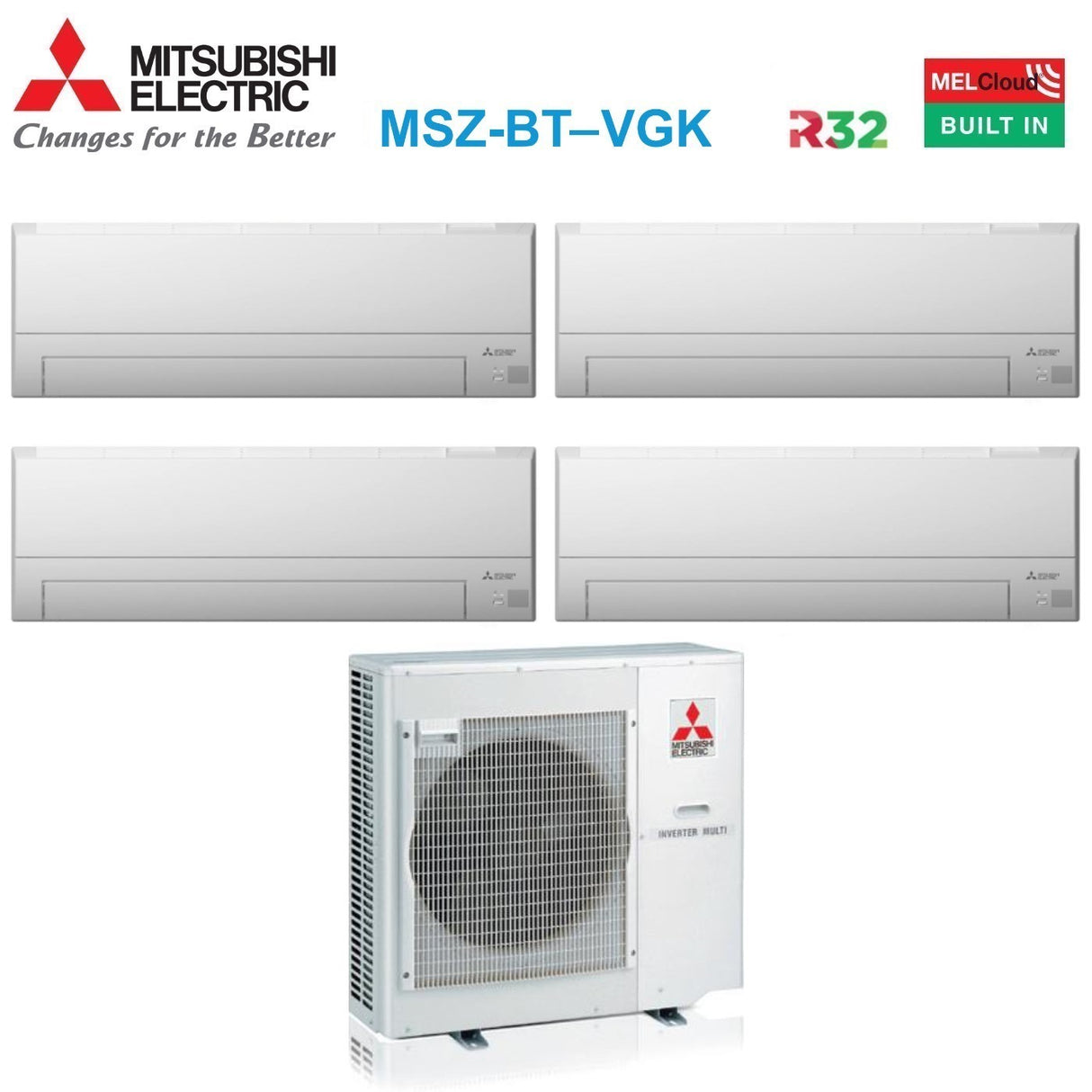 Mitsubishi Electric Airconditioner Split Inverter Panelen MSZ-BT serie 9+9+9+9+12 met MXZ-4F72VF R-32 Geïntegreerde Wi-Fi 9000+9000+12000