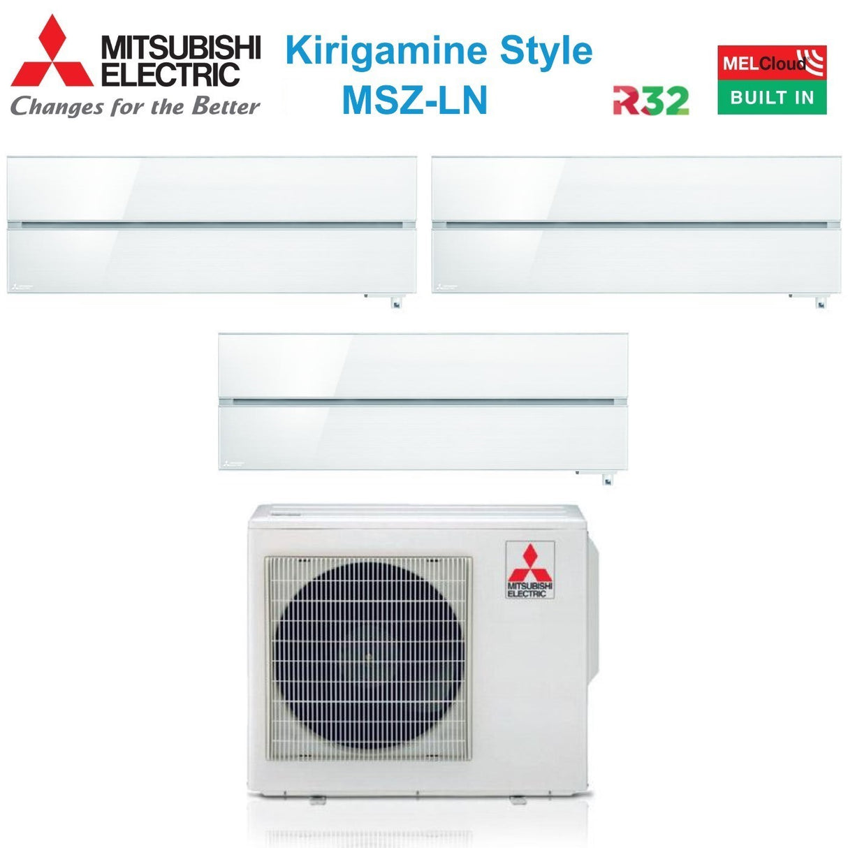 Airconditioner Mitsubishi Electric Trial Split Inverter Serie Kirigamine Stijl MSZ-LN 9+9+12 met MXZ-3F54VF Parelwit R-32 Wi-Fi Geïntegreerd Kleur Wit Parel 9000+9000+12000