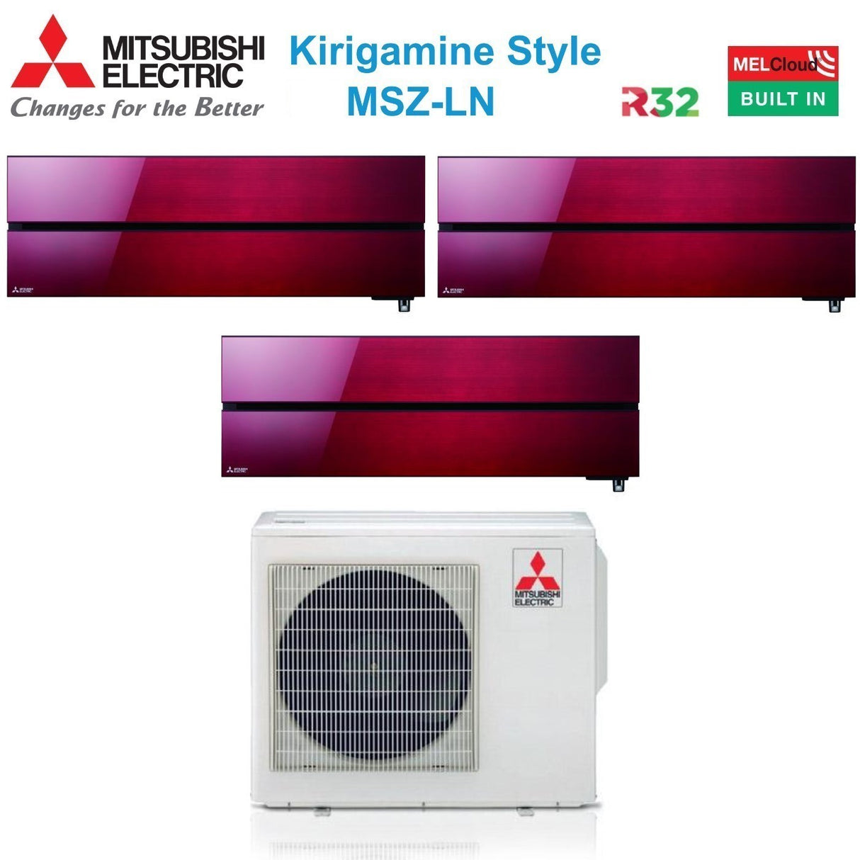 Airconditioner Mitsubishi Electric Trial Split Inverter Serie Kirigamine Stijl MSZ-LN 9+9+12 met MXZ-3F54VF Robijnrood R-32 Wi-Fi Geïntegreerd Kleur Rood 9000+9000+12000
