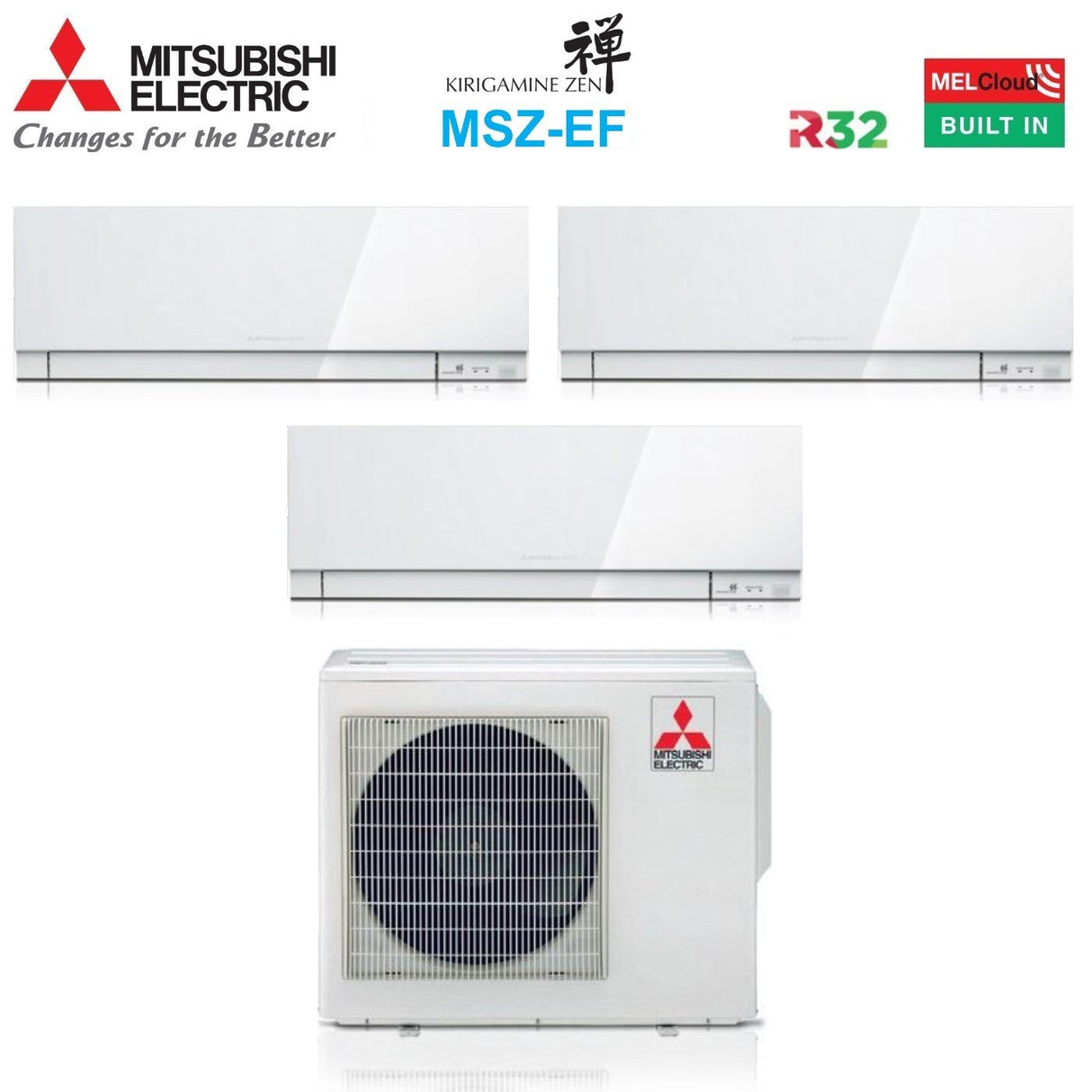Mitsubishi Electric Trial Split Inverter Airconditioner KIRIGAMINE ZEN WHITE MSZ-EF 9+9+18 serie met MXZ-3F68VF R-32 Geïntegreerde Wi-Fi Witte Kleur 9000+9000+18000